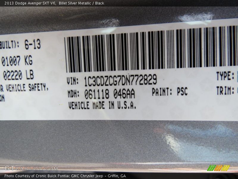 Billet Silver Metallic / Black 2013 Dodge Avenger SXT V6