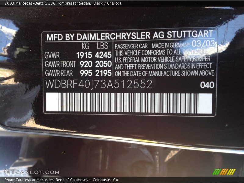 Black / Charcoal 2003 Mercedes-Benz C 230 Kompressor Sedan
