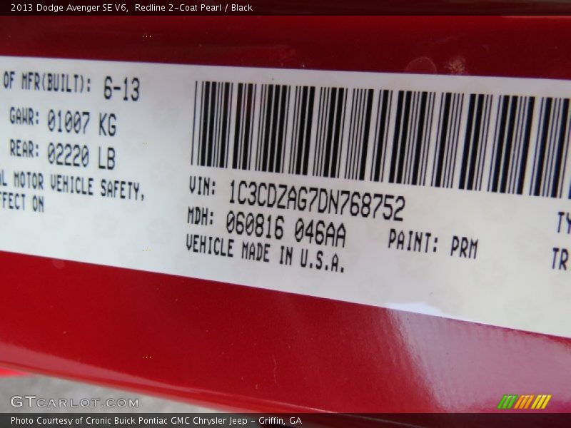 Redline 2-Coat Pearl / Black 2013 Dodge Avenger SE V6