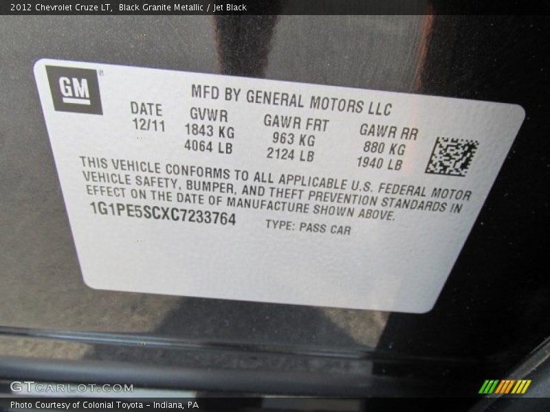 Black Granite Metallic / Jet Black 2012 Chevrolet Cruze LT
