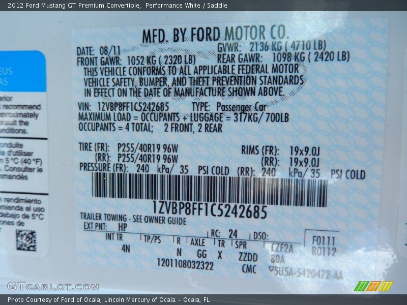 Performance White / Saddle 2012 Ford Mustang GT Premium Convertible