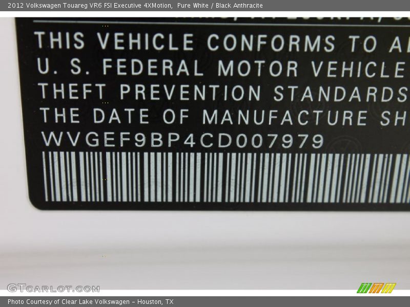 Pure White / Black Anthracite 2012 Volkswagen Touareg VR6 FSI Executive 4XMotion