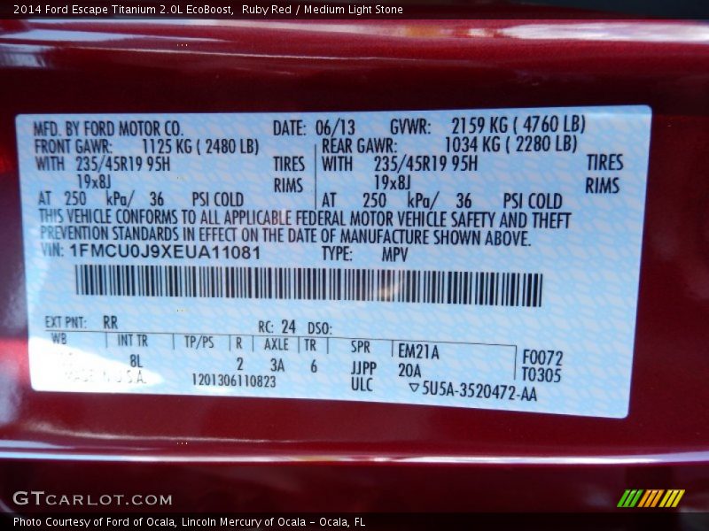 2014 Escape Titanium 2.0L EcoBoost Ruby Red Color Code RR