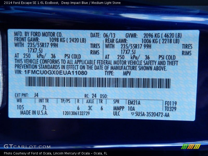 2014 Escape SE 1.6L EcoBoost Deep Impact Blue Color Code J4