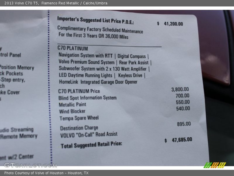  2013 C70 T5 Window Sticker