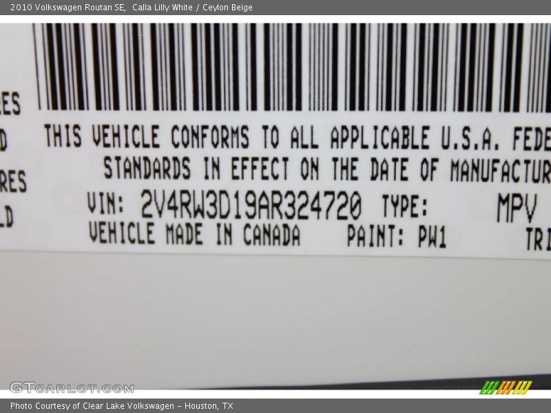 Calla Lilly White / Ceylon Beige 2010 Volkswagen Routan SE