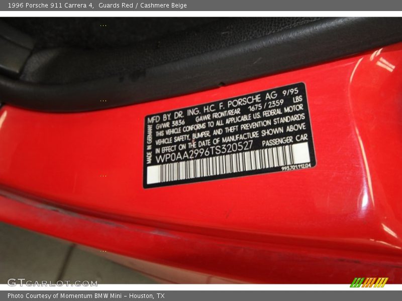 Info Tag of 1996 911 Carrera 4