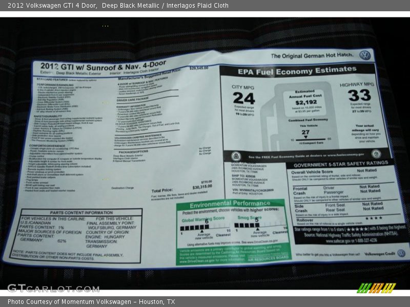 Deep Black Metallic / Interlagos Plaid Cloth 2012 Volkswagen GTI 4 Door