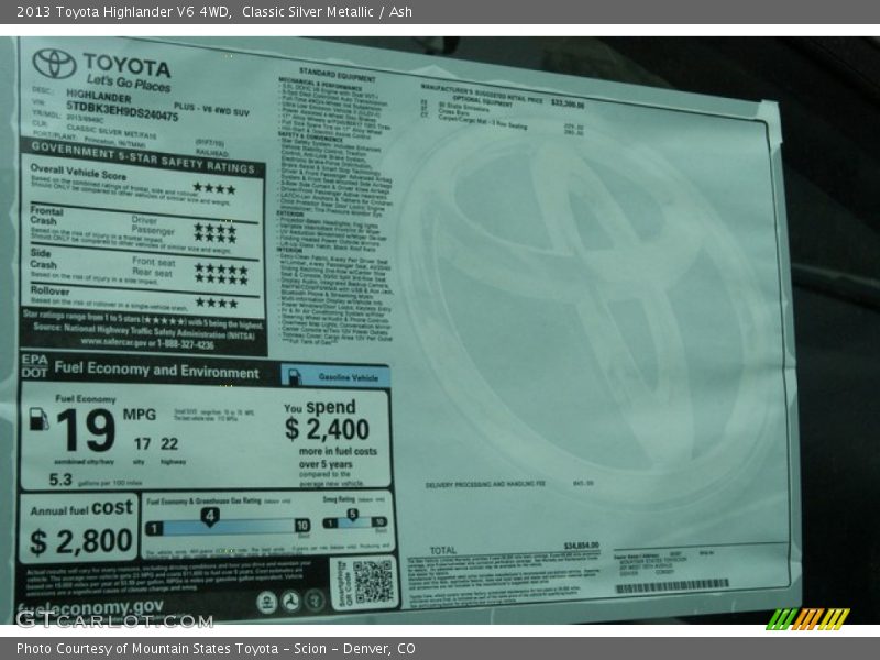 Classic Silver Metallic / Ash 2013 Toyota Highlander V6 4WD