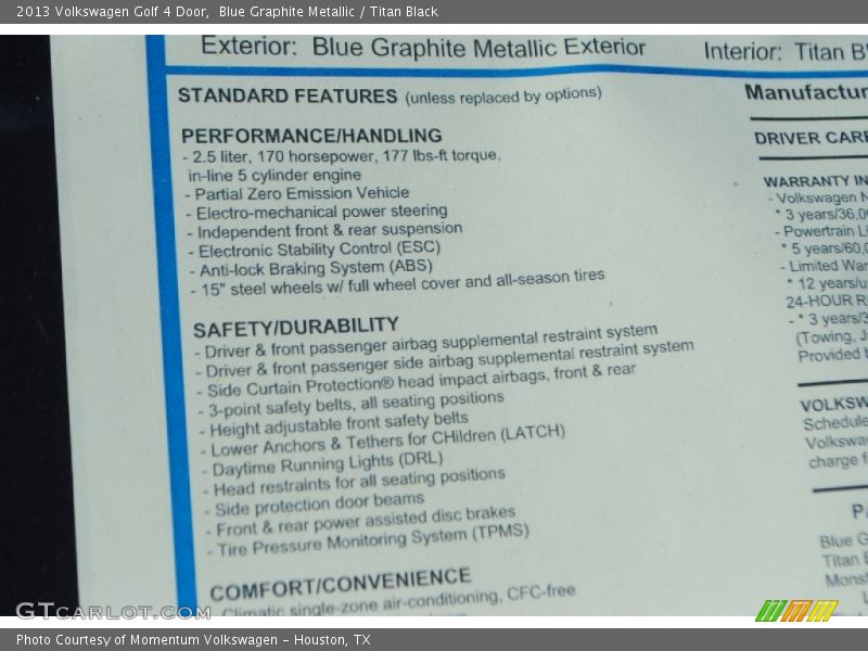 Blue Graphite Metallic / Titan Black 2013 Volkswagen Golf 4 Door