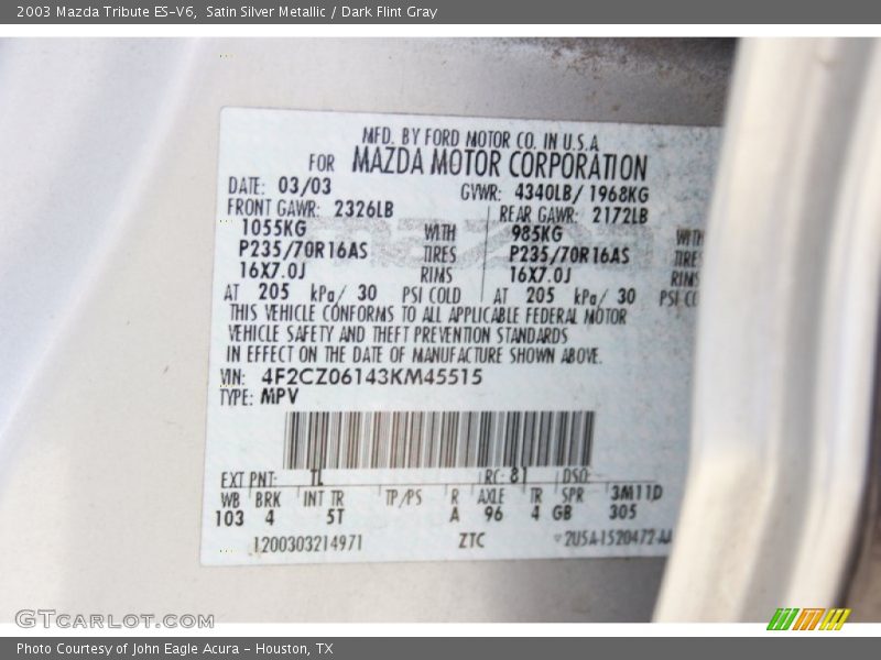 Satin Silver Metallic / Dark Flint Gray 2003 Mazda Tribute ES-V6