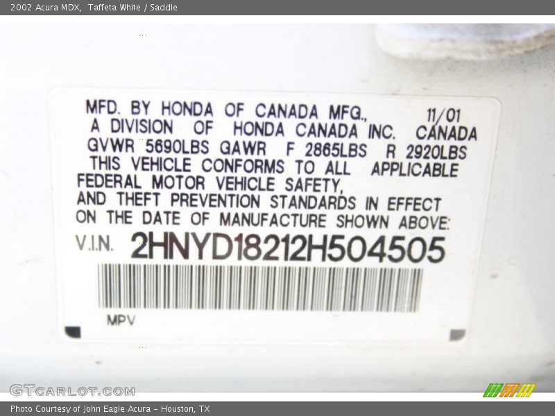 Taffeta White / Saddle 2002 Acura MDX