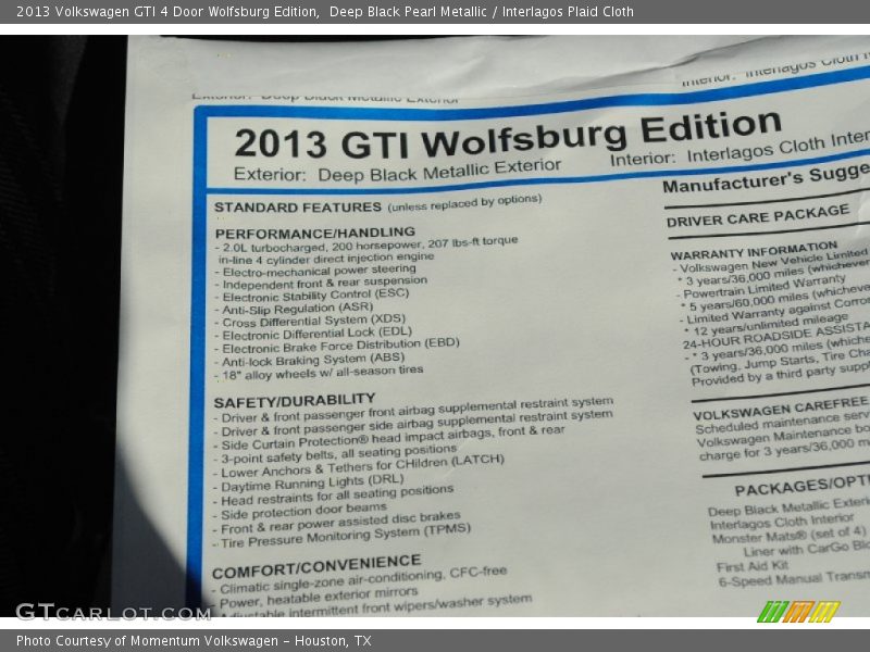 Deep Black Pearl Metallic / Interlagos Plaid Cloth 2013 Volkswagen GTI 4 Door Wolfsburg Edition