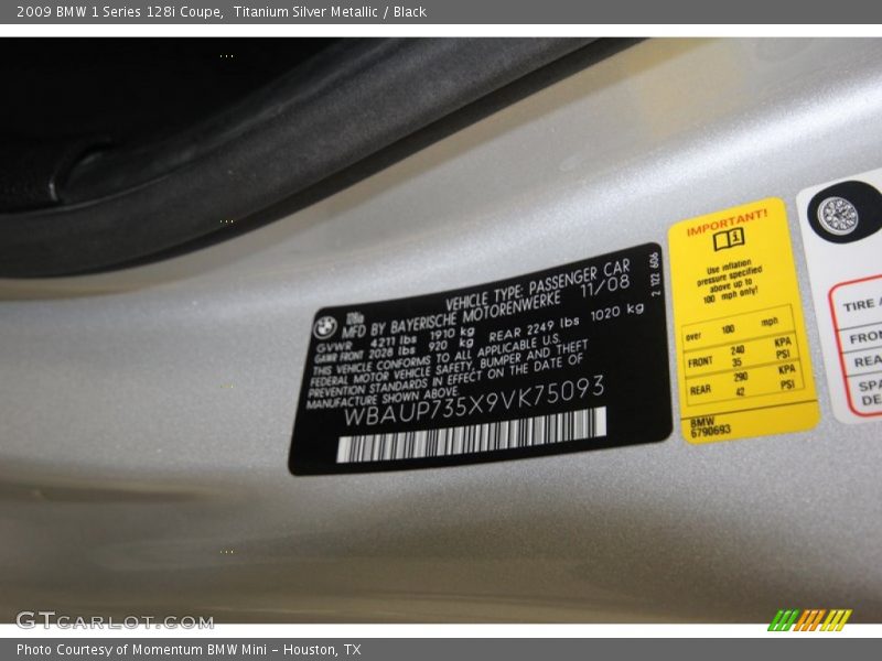 Titanium Silver Metallic / Black 2009 BMW 1 Series 128i Coupe