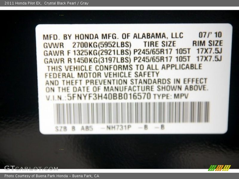 Crystal Black Pearl / Gray 2011 Honda Pilot EX