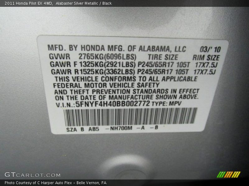 Alabaster Silver Metallic / Black 2011 Honda Pilot EX 4WD