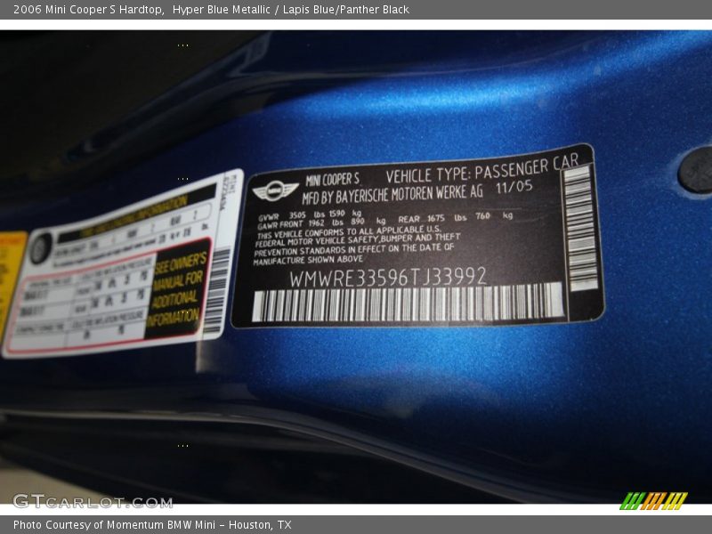 Hyper Blue Metallic / Lapis Blue/Panther Black 2006 Mini Cooper S Hardtop