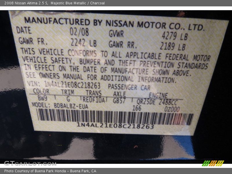 Majestic Blue Metallic / Charcoal 2008 Nissan Altima 2.5 S