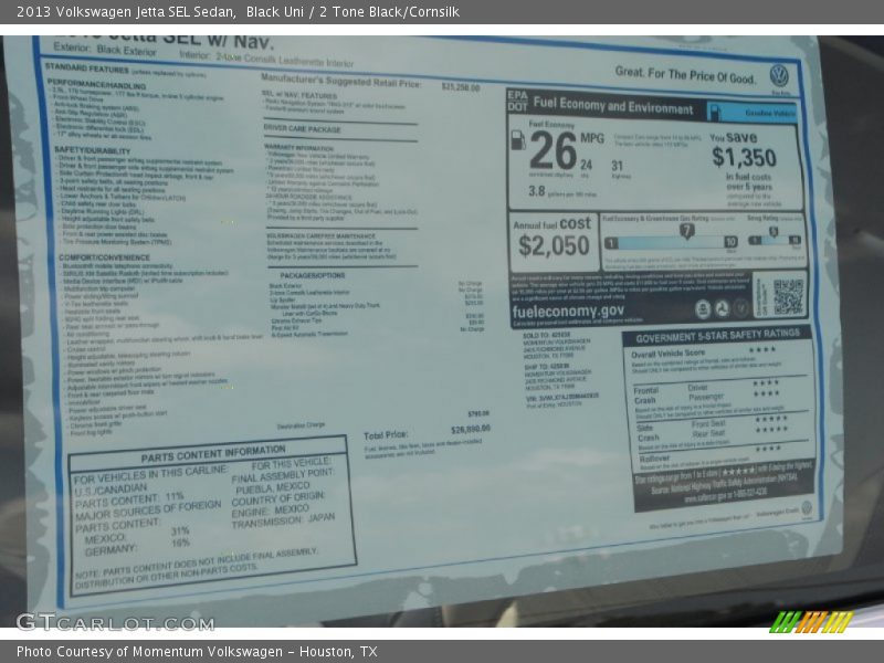 Black Uni / 2 Tone Black/Cornsilk 2013 Volkswagen Jetta SEL Sedan