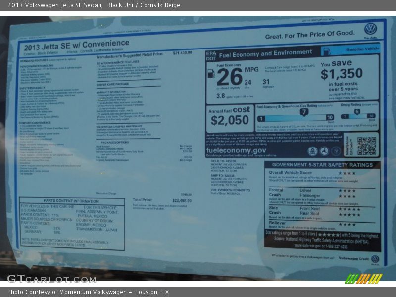 Black Uni / Cornsilk Beige 2013 Volkswagen Jetta SE Sedan