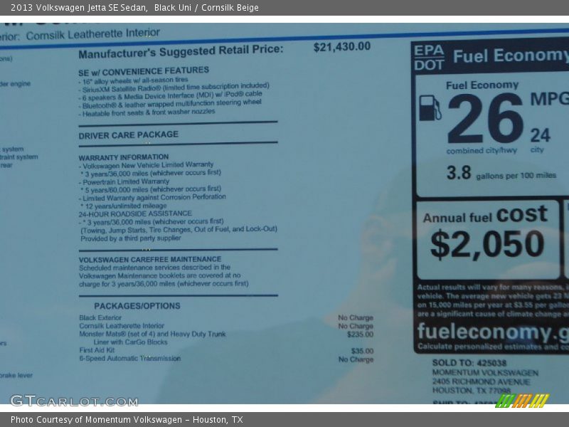 Black Uni / Cornsilk Beige 2013 Volkswagen Jetta SE Sedan