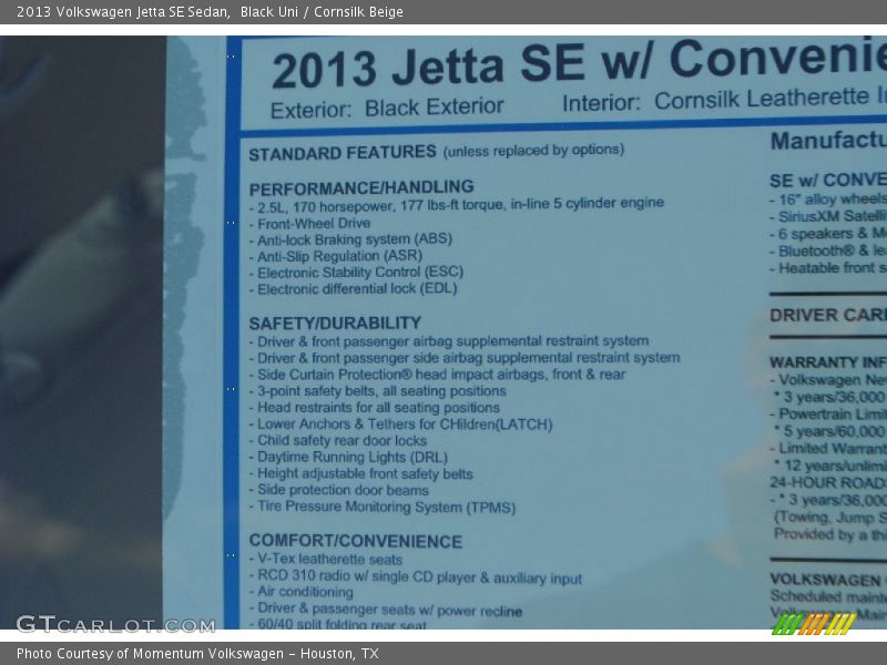 Black Uni / Cornsilk Beige 2013 Volkswagen Jetta SE Sedan