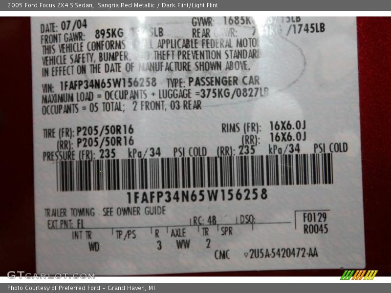 2005 Focus ZX4 S Sedan Sangria Red Metallic Color Code FL