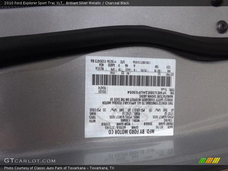 Brilliant Silver Metallic / Charcoal Black 2010 Ford Explorer Sport Trac XLT