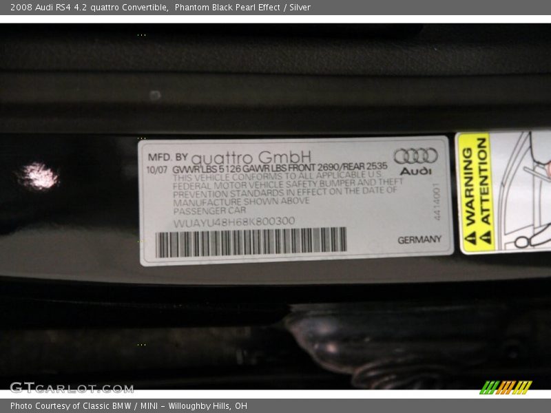 Info Tag of 2008 RS4 4.2 quattro Convertible