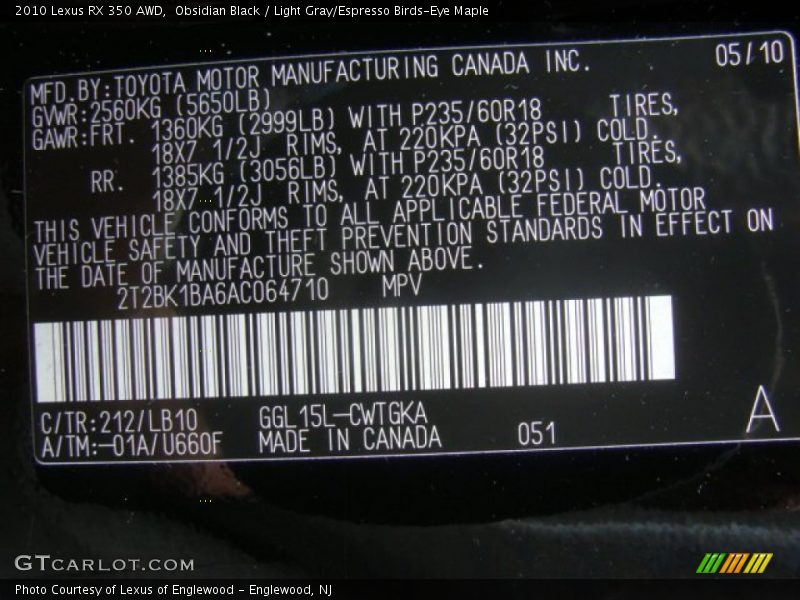 Obsidian Black / Light Gray/Espresso Birds-Eye Maple 2010 Lexus RX 350 AWD