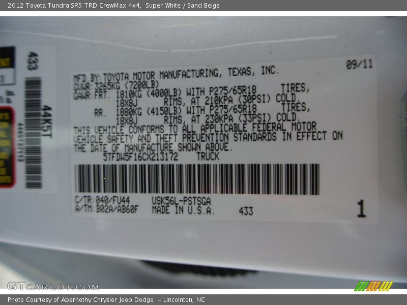 Super White / Sand Beige 2012 Toyota Tundra SR5 TRD CrewMax 4x4