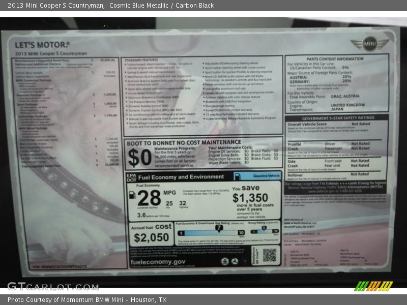 Cosmic Blue Metallic / Carbon Black 2013 Mini Cooper S Countryman