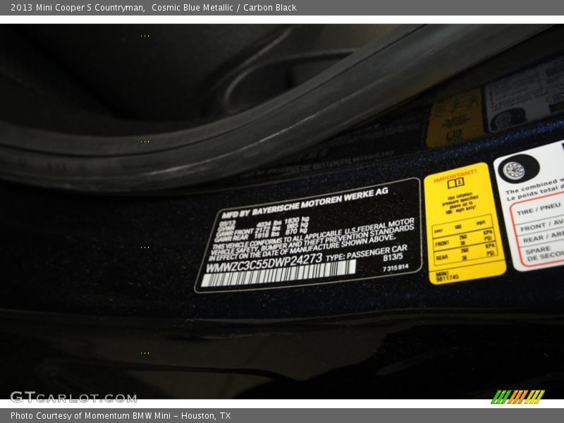 Cosmic Blue Metallic / Carbon Black 2013 Mini Cooper S Countryman