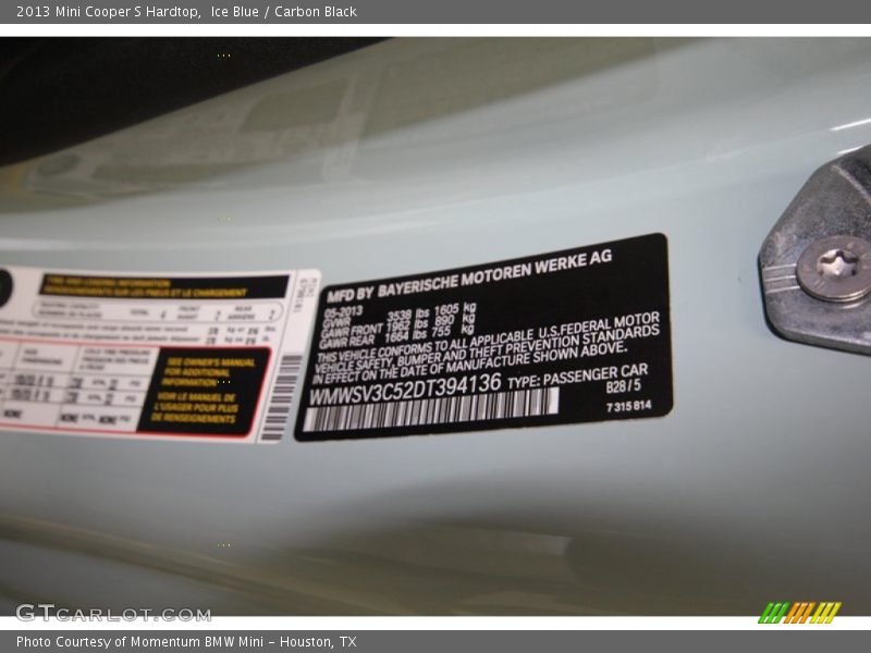 Ice Blue / Carbon Black 2013 Mini Cooper S Hardtop