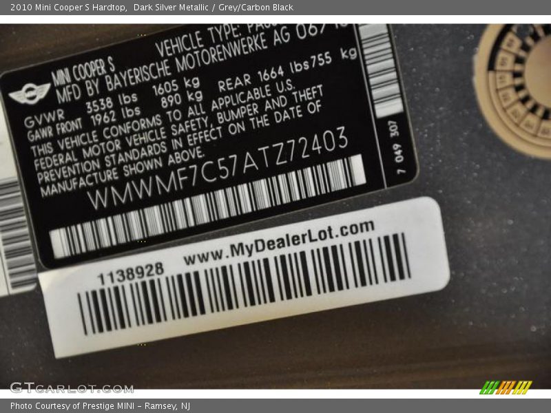 Dark Silver Metallic / Grey/Carbon Black 2010 Mini Cooper S Hardtop