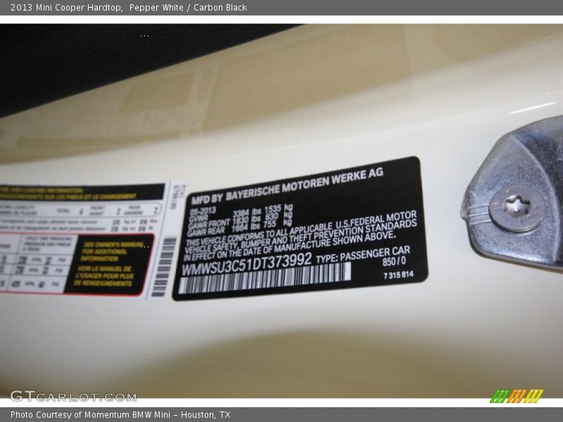 Pepper White / Carbon Black 2013 Mini Cooper Hardtop