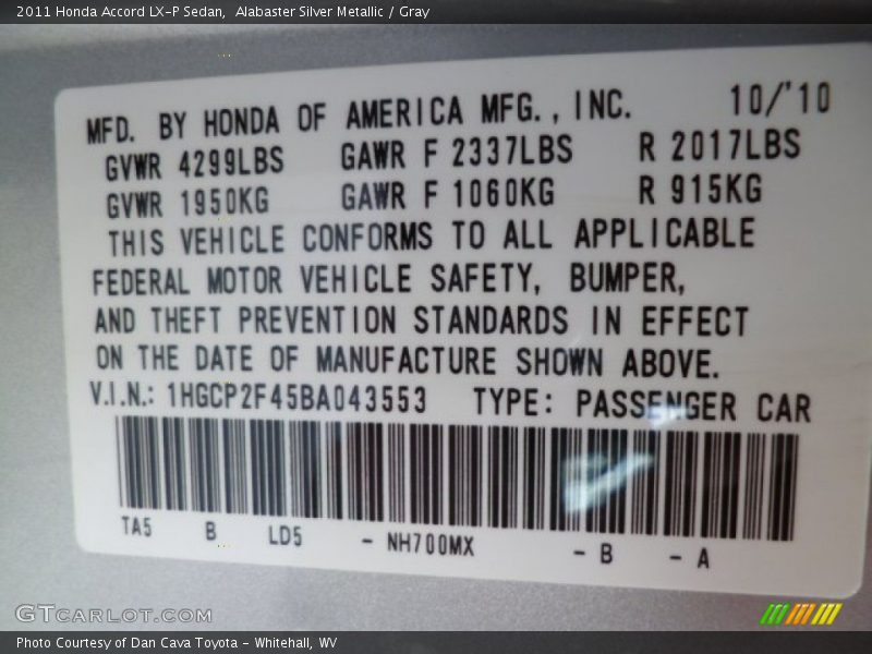 Alabaster Silver Metallic / Gray 2011 Honda Accord LX-P Sedan