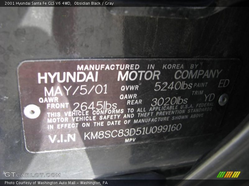 Obsidian Black / Gray 2001 Hyundai Santa Fe GLS V6 4WD