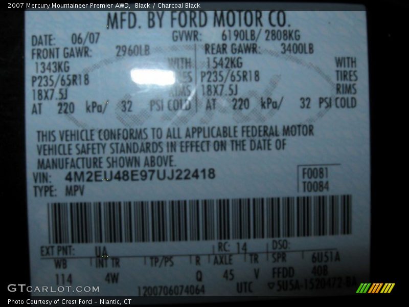 Black / Charcoal Black 2007 Mercury Mountaineer Premier AWD