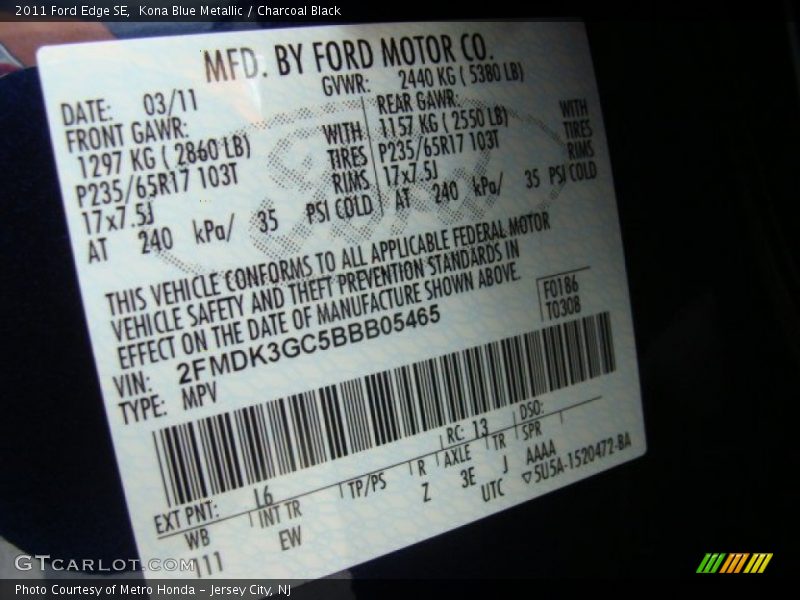 Kona Blue Metallic / Charcoal Black 2011 Ford Edge SE