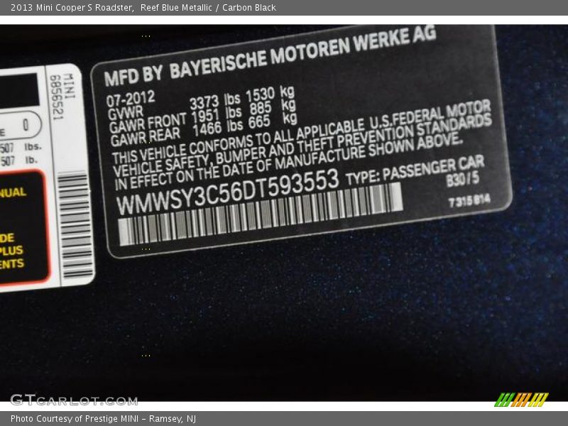 Reef Blue Metallic / Carbon Black 2013 Mini Cooper S Roadster