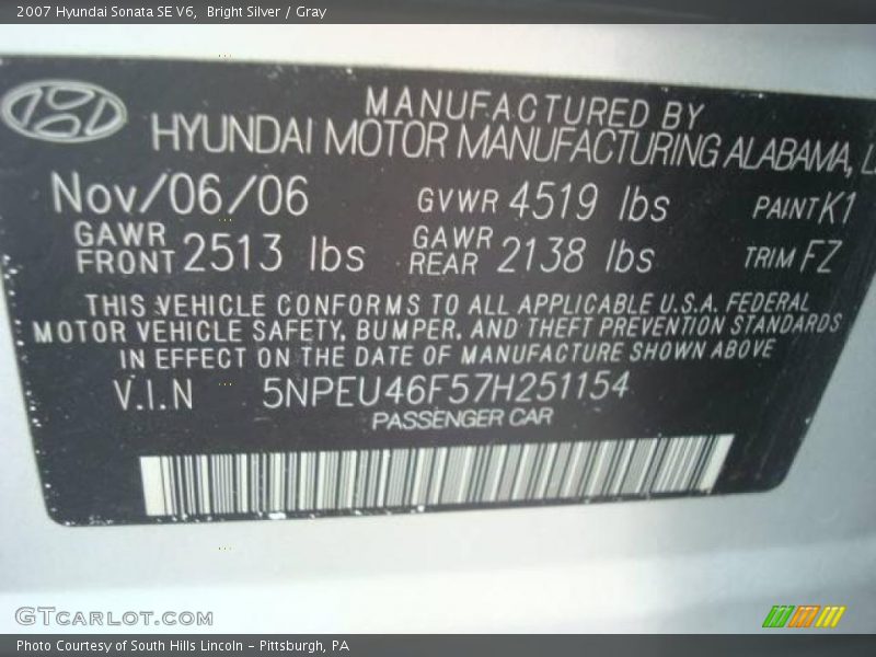 Bright Silver / Gray 2007 Hyundai Sonata SE V6