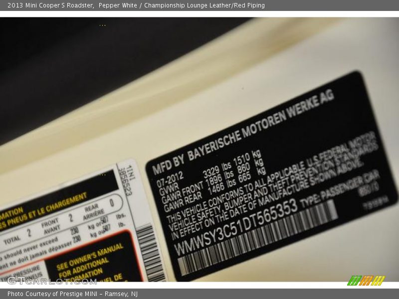 Pepper White / Championship Lounge Leather/Red Piping 2013 Mini Cooper S Roadster