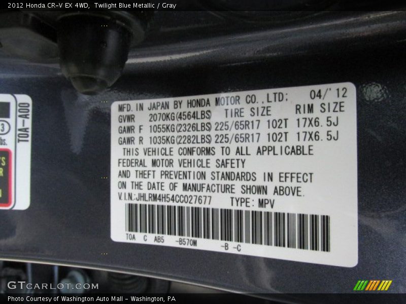 Twilight Blue Metallic / Gray 2012 Honda CR-V EX 4WD