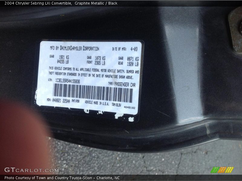 Graphite Metallic / Black 2004 Chrysler Sebring LXi Convertible