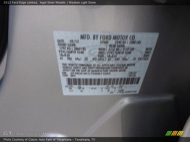 Ingot Silver Metallic / Medium Light Stone 2013 Ford Edge Limited