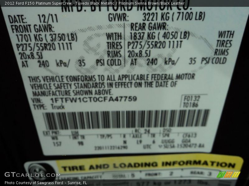 Tuxedo Black Metallic / Platinum Sienna Brown/Black Leather 2012 Ford F150 Platinum SuperCrew