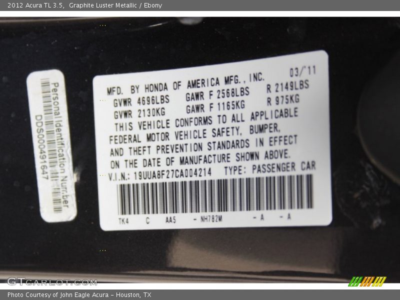 Graphite Luster Metallic / Ebony 2012 Acura TL 3.5