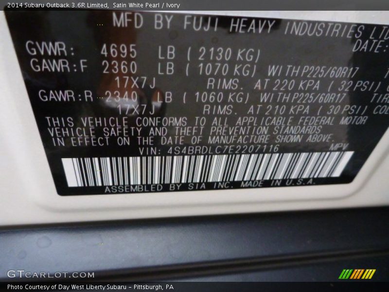 Satin White Pearl / Ivory 2014 Subaru Outback 3.6R Limited