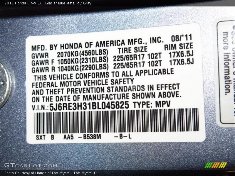 Glacier Blue Metallic / Gray 2011 Honda CR-V LX